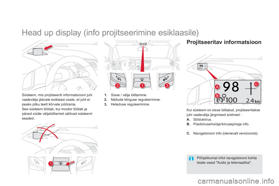 CITROEN DS5 2013  Kasutusjuhend (in Estonian)    
 
 
 
 
Head up display (info projitseerimine esiklaasile) 
Süsteem, mis projitseerib informatsiooni juhi 
vaatevälja jäävale esiklaasi osale, et juht eipeaks pilku teelt kõr vale pöörama.S