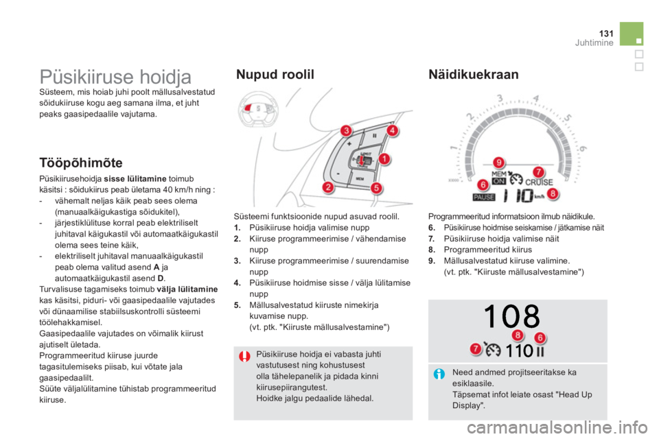 CITROEN DS5 2013  Kasutusjuhend (in Estonian) 131Juhtimine
  Püsikiiruse hoidja ei vabasta juhti vastutusest ning kohustusestolla tähelepanelik ja pidada kinni kiirusepiirangutest.  
Hoidke jalgu pedaalide lähedal.
 
 
 
 
 
 
Püsikiiruse hoi