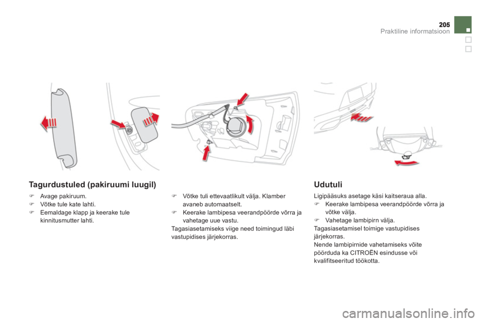 CITROEN DS5 2013  Kasutusjuhend (in Estonian) Praktiline informatsioon
   
Tagurdustuled (pakiruumi luugil)
�) 
 Võtke tuli ettevaatlikult välja. Klamber avaneb automaatselt. �) 
 Keerake lambipesa veerandpöörde võrra ja
vahetage uue vastu. 