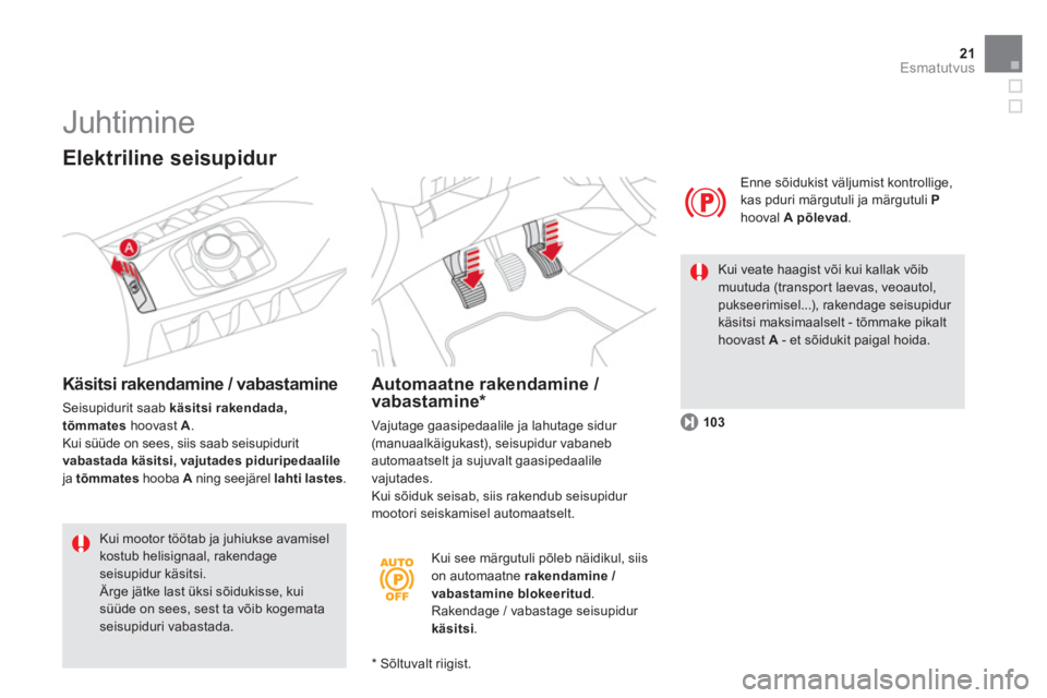 CITROEN DS5 2013  Kasutusjuhend (in Estonian) 21Esmatutvus
   Kui see märgutuli põleb näidikul, siis on automaatne rakendamine / vabastamine blokeeritud 
. Rakendage / vabastage seisupidur käsitsi 
.  
 
 Enne sõidukist v
äljumist kontrolli