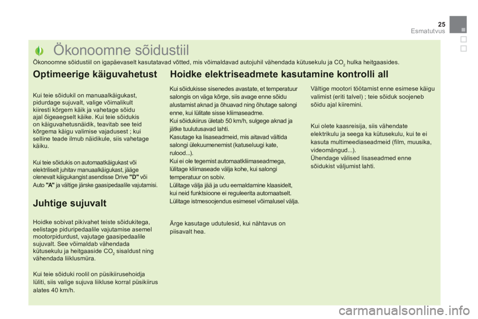 CITROEN DS5 2013  Kasutusjuhend (in Estonian) 25
Esmatutvus
   
 
 
 
 
 
 
 
 
 
 
 
 
 
 
 
 
 
 
 
 
 
 
 
 
 
 
 
 
 
 
 
 
 
 
 
 
 
 
 
 
 
 
 
 
 
 
Ökonoomne sõidustiil 
Ökonoomne sõidustiil on igapäevaselt kasutatavad võtted, mis v