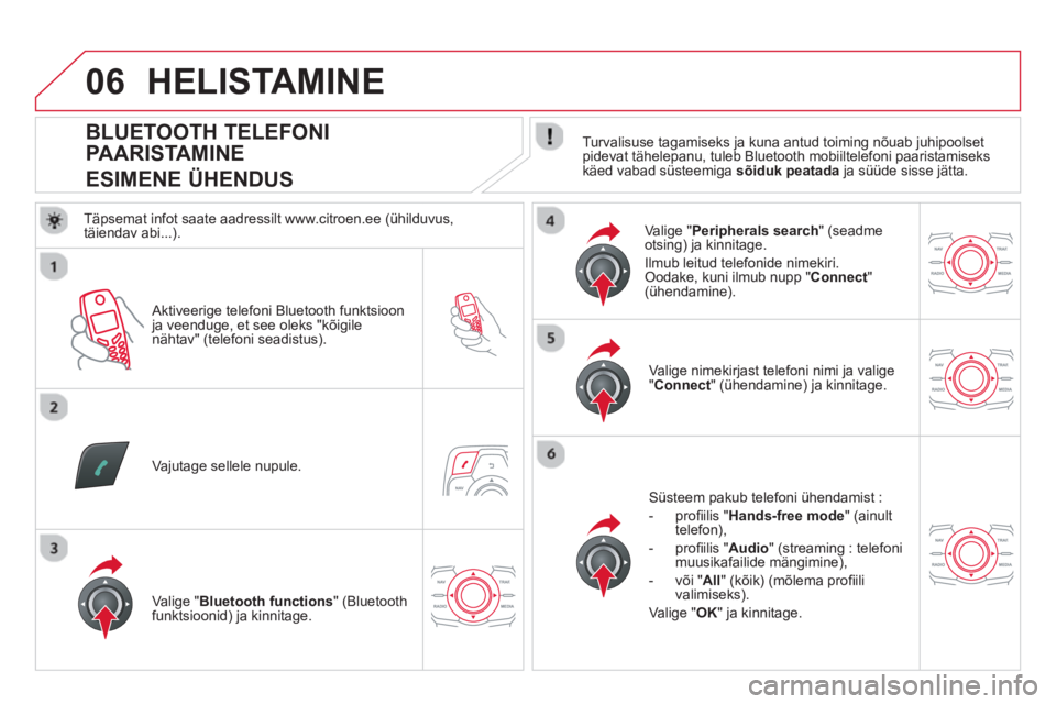 CITROEN DS5 2013  Kasutusjuhend (in Estonian) 06
   
 
 
 
 
 
 
 
 
 
 
 
 
 
 
BLUETOOTH TELEFONI 
PAARISTAMINE  
ESIMENE ÜHENDUS    
Turvalisuse tagamiseks ja kuna antud toiming nõuab juhipoolset pidevat tähelepanu, tuleb Bluetooth mobiilte