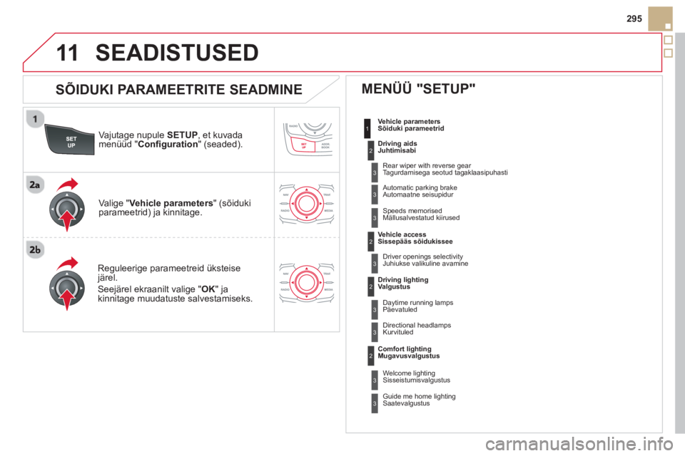 CITROEN DS5 2013  Kasutusjuhend (in Estonian) 11
295
Va
jutage nupule SETUP, et kuvada
menüüd "Conﬁ guration 
" (seaded).
Re
guleerige parameetreid üksteisejärel. 
Seejärel ekraanilt valige " OK " ja kinnitage muudatuste salvestamiseks. Va