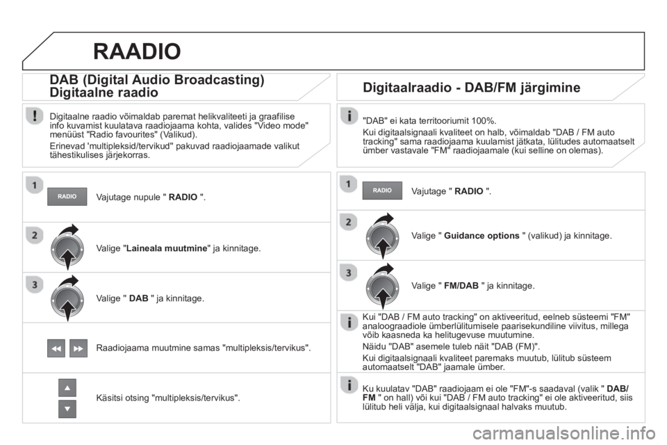 CITROEN DS5 2013 Kasutusjuhend (in Estonian) Vajutage nupule " RADIO".
DAB (Digital Audio Broadcasting)
Digitaalne raadio
Digitaalne raadio võimaldab paremat helikvaliteeti ja graafilise
info kuvamist kuulatava raadiojaa CITROEN DS5 2013 Kasutusjuhend (in Estonian) Vajutage nupule " RADIO".
DAB (Digital Audio Broadcasting)
Digitaalne raadio
Digitaalne raadio võimaldab paremat helikvaliteeti ja graafilise
info kuvamist kuulatava raadiojaa