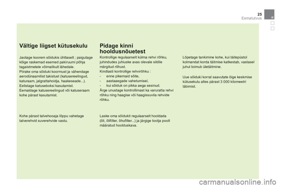 CITROEN DS5 2012 Kasutusjuhend (in Estonian) 25
Esmatutvus
Vältige liigset kütusekulu
Jaotage koorem sõidukis ühtlaselt ; paigutagekõige raskemad esemed pakiruumi põhjatagaistmetele võimalikult lähedale.Piirake oma sõiduki koormust ja CITROEN DS5 2012 Kasutusjuhend (in Estonian) 25
Esmatutvus
Vältige liigset kütusekulu
Jaotage koorem sõidukis ühtlaselt ; paigutagekõige raskemad esemed pakiruumi põhjatagaistmetele võimalikult lähedale.Piirake oma sõiduki koormust ja