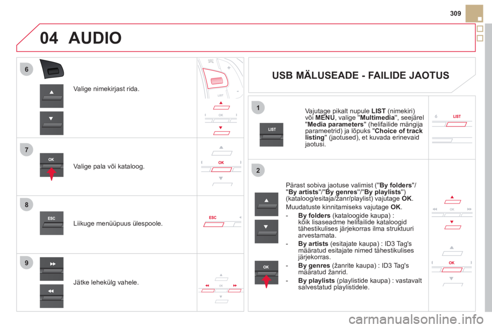 CITROEN DS5 2012  Kasutusjuhend (in Estonian) 7
6
8
9
2
1
04
309
Valige nimekirjast rida.  
Vali
ge pala või kataloog.
J
ätke lehekülg vahele.  
  Liiku
ge menüüpuus ülespoole.  
AUDIO 
 
 
 
 
 
 
 
 
 
 
USB MÄLUSEADE - FAILIDE JAOTUS 
  CITROEN DS5 2012  Kasutusjuhend (in Estonian) 7
6
8
9
2
1
04
309
Valige nimekirjast rida.  
Vali
ge pala või kataloog.
J
ätke lehekülg vahele.  
  Liiku
ge menüüpuus ülespoole.  
AUDIO 
 
 
 
 
 
 
 
 
 
 
USB MÄLUSEADE - FAILIDE JAOTUS