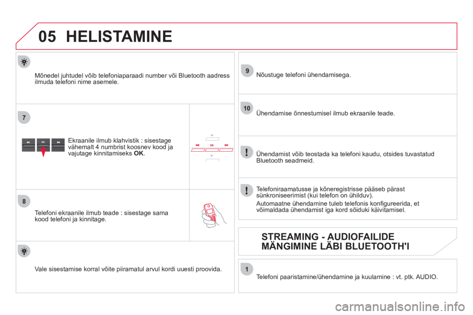 CITROEN DS5 2012  Kasutusjuhend (in Estonian)  
05
7
8
9
10
1
HELISTAMINE 
Ekraanile ilmub klahvistik : sisestage
vähemalt 4 numbrist koosnev kood ja
vajutage kinnitamiseks OK.   
   
Tele
foni ekraanile ilmub teade : sisestage sama
kood telefon CITROEN DS5 2012  Kasutusjuhend (in Estonian)  
05
7
8
9
10
1
HELISTAMINE 
Ekraanile ilmub klahvistik : sisestage
vähemalt 4 numbrist koosnev kood ja
vajutage kinnitamiseks OK.   
   
Tele
foni ekraanile ilmub teade : sisestage sama
kood telefon