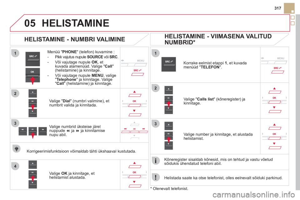 CITROEN DS5 2012  Kasutusjuhend (in Estonian)  
  
1
2
1
4
2
33
05
317
HELISTAMINE 
Menüü " PHONE 
" (telefon) kuvamine :
- 
 Pikk vajutus nupule SOURCE 
 või SRC 
. 
-  Või vajutage nupule  OK 
, et
kuvada alamenüüd. Valige "Call"(helistam CITROEN DS5 2012  Kasutusjuhend (in Estonian)  
  
1
2
1
4
2
33
05
317
HELISTAMINE 
Menüü " PHONE 
" (telefon) kuvamine :
- 
 Pikk vajutus nupule SOURCE 
 või SRC 
. 
-  Või vajutage nupule  OK 
, et
kuvada alamenüüd. Valige "Call"(helistam