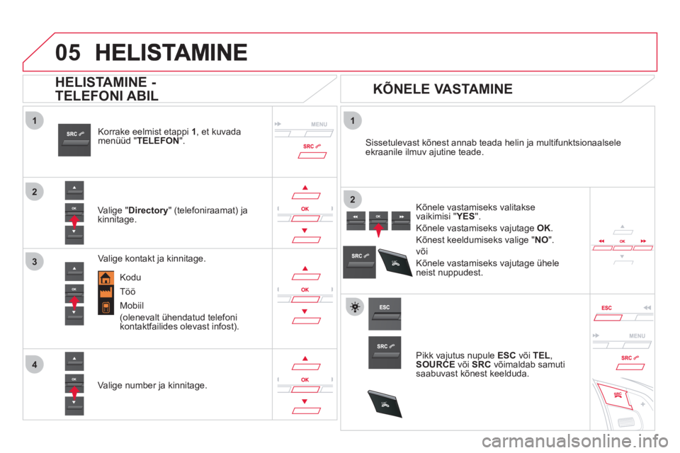 CITROEN DS5 2012  Kasutusjuhend (in Estonian)  
  
1
2
1
4
2
3
05
SR
C
SR
C
Korrake eelmist etappi 1, et kuvada
menüüd "TELEFON".
   Valige " Directory" (telefoniraamat) ja 
kinnitage.   
Sissetulevast kõnest annab teada helin 
ja multifunktsi CITROEN DS5 2012  Kasutusjuhend (in Estonian)  
  
1
2
1
4
2
3
05
SR
C
SR
C
Korrake eelmist etappi 1, et kuvada
menüüd "TELEFON".
   Valige " Directory" (telefoniraamat) ja 
kinnitage.   
Sissetulevast kõnest annab teada helin 
ja multifunktsi