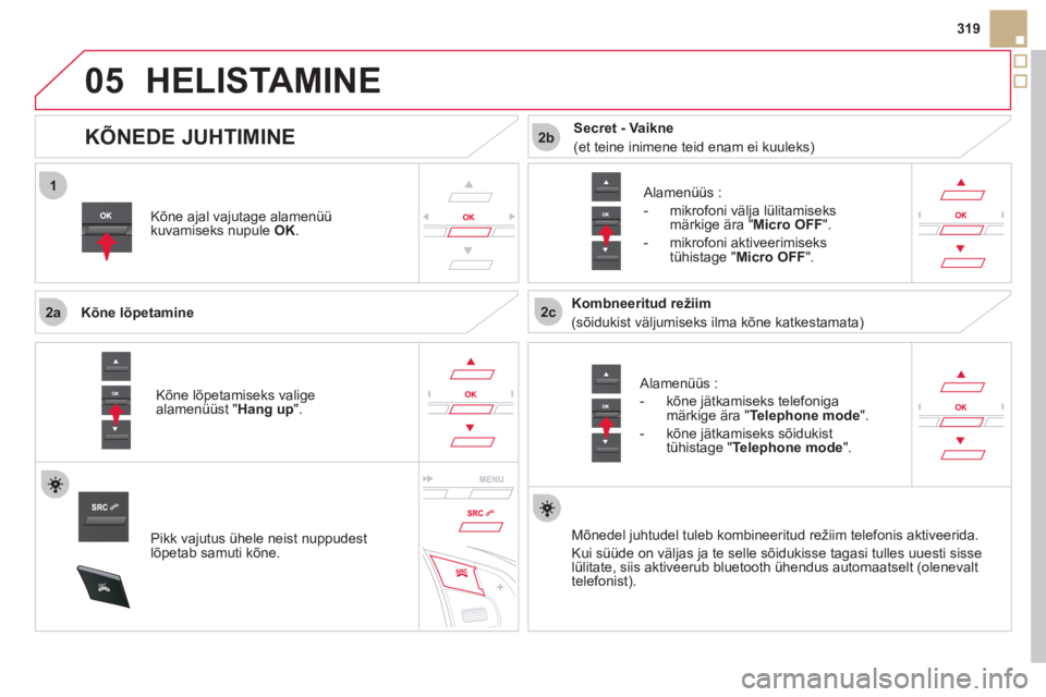 CITROEN DS5 2012  Kasutusjuhend (in Estonian)  
1
2a2c
2b
05
SRC
319
HELISTAMINE 
Kõne ajal vajutage alamenüü kuvamiseks nupule OK.
 
 
Kõne lõpetamine 
   
Alamenüüs : 
   
-  kõne 
jätkamiseks telefoniga
märkige ära "Telephone mode".