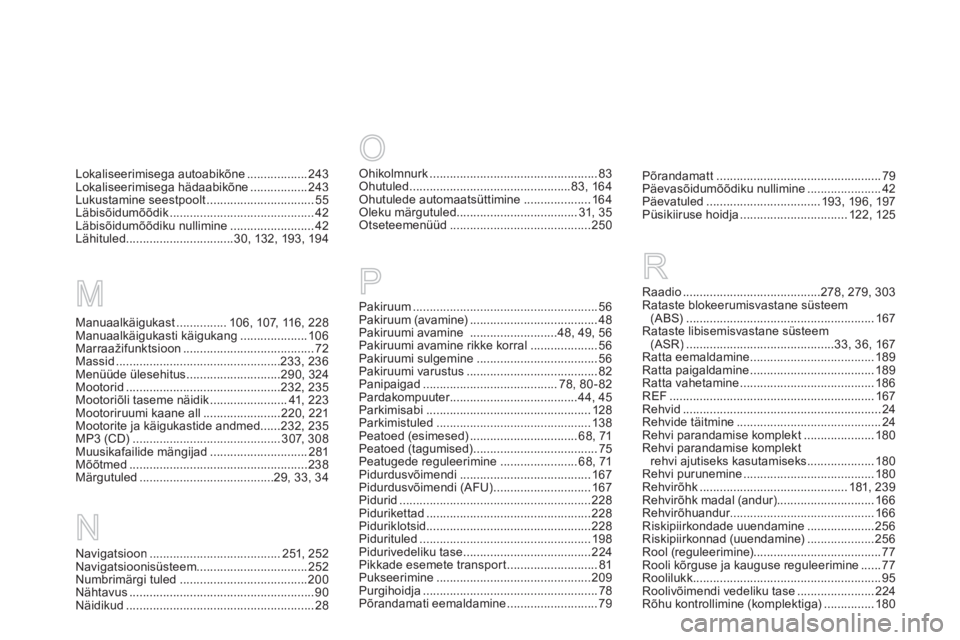 CITROEN DS5 2012  Kasutusjuhend (in Estonian) Manuaalkäigukast...............106, 107, 116, 228Manuaalkäigukasti käigukang....................106Marraažifunktsioon .......................................72Massid............................... CITROEN DS5 2012  Kasutusjuhend (in Estonian) Manuaalkäigukast...............106, 107, 116, 228Manuaalkäigukasti käigukang....................106Marraažifunktsioon .......................................72Massid...............................