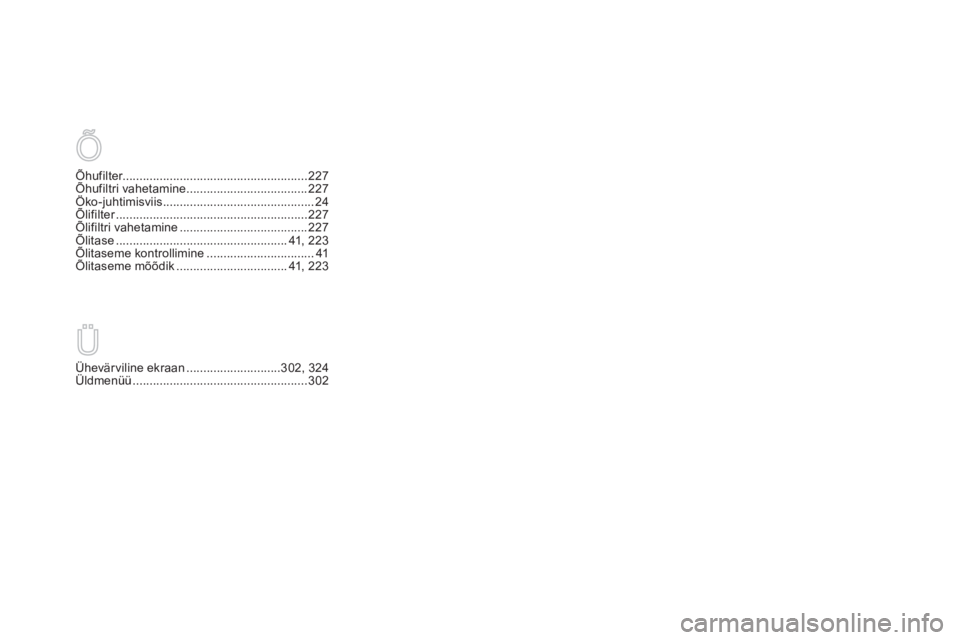 CITROEN DS5 2012  Kasutusjuhend (in Estonian) Ühevärviline ekraan ............................302,324Üldmenüü....................................................302
Ü Õ
Õhufilter.......................................................227Õ CITROEN DS5 2012  Kasutusjuhend (in Estonian) Ühevärviline ekraan ............................302,324Üldmenüü....................................................302
Ü Õ
Õhufilter.......................................................227Õ