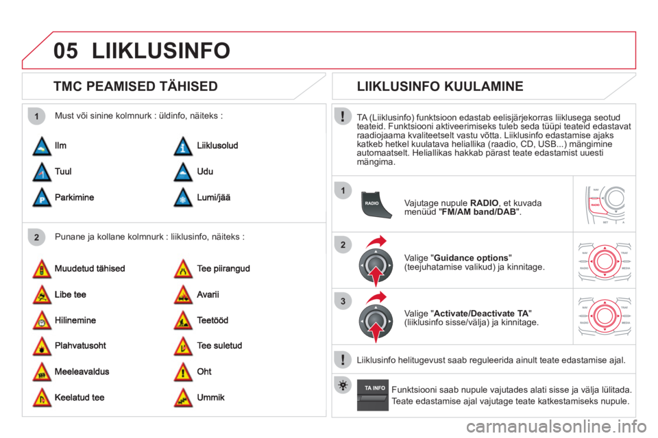 CITROEN DS5 2011  Kasutusjuhend (in Estonian) 05
2 1
1
2
3
LIIKLUSINFO
   
 
 
 
 
 
TMC PEAMISED TÄHISED 
 
 
Punane ja kollane kolmnurk : liiklusinfo, näiteks :    
Must või sinine kolmnurk : üldinfo, näiteks :
 
 
 
 
 
 
 
LIIKLUSINFO KU