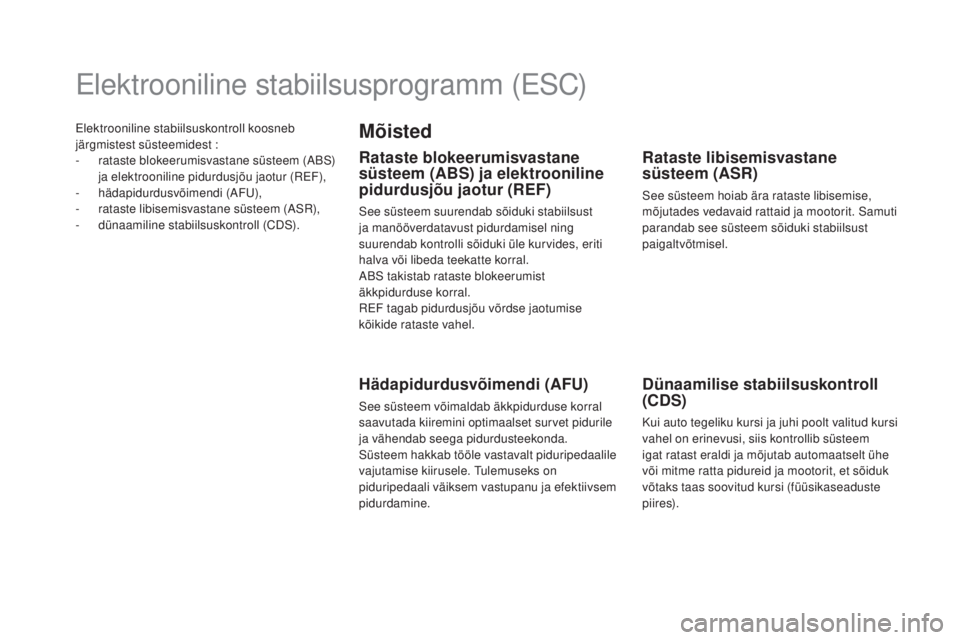 CITROEN DS5 HYBRID 2016 Kasutusjuhend (in Estonian) Elektrooniline stabiilsuskontroll koosneb
järgmistest süsteemidest :
-
r
ataste blokeerumisvastane süsteem (ABS)
ja elektrooniline pidurdusjõu jaotur (REF),
-
hä
dapidurdusvõimendi (AFU),
CITROEN DS5 HYBRID 2016 Kasutusjuhend (in Estonian) Elektrooniline stabiilsuskontroll koosneb
järgmistest süsteemidest :
-
r
ataste blokeerumisvastane süsteem (ABS)
ja elektrooniline pidurdusjõu jaotur (REF),
-
hä
dapidurdusvõimendi (AFU),