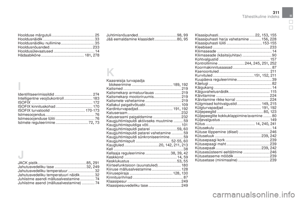 CITROEN DS5 HYBRID 2016  Kasutusjuhend (in Estonian) 3 11
Hoolduse märgutuli ......................................... 25
Hooldusnäidik .............................. ...................33
Hooldusnäidiku nullimine
 

................................3