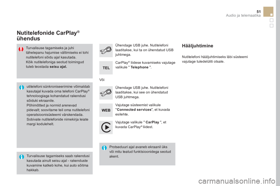 CITROEN DS5 HYBRID 2016  Kasutusjuhend (in Estonian) 51  Audio ja telemaatika 
 
 
Vajutage valikule "  CarPlay 
 ", et 
kuvada CarPlay ®   liidest.      
Ühendage USB juhe. Nutitelefoni 
laaditakse, kui ta on ühendatud USB 
juhtmega.  
   
Nutitelef