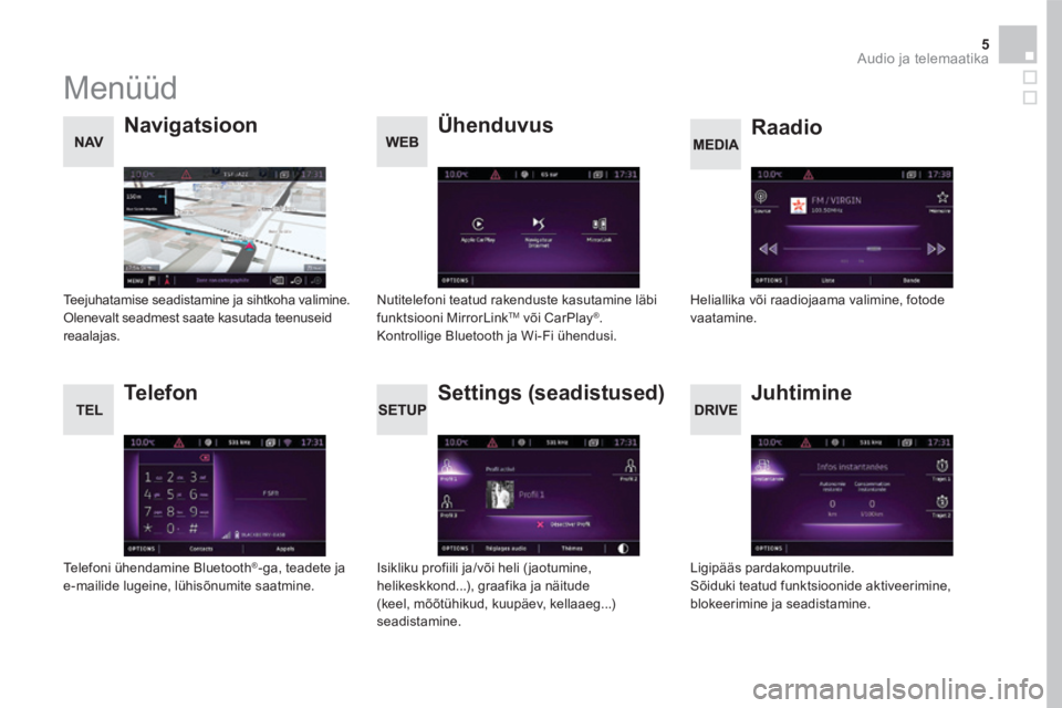 CITROEN DS5 HYBRID 2016  Kasutusjuhend (in Estonian) 5 Audio ja telemaatika 
 Menüüd 
      Settings  (seadistused) 
  Raadio       Navigatsioon 
  Juhtimine 
  Ühenduvus 
  Telefon 
  Isikliku profiili ja/või heli (jaotumine, helikeskkond...), graa
