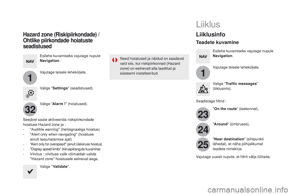 CITROEN DS5 HYBRID 2015 Kasutusjuhend (in Estonian) 11
23
24
25
32
DS5_et_Chap11c_SMEGplus_ed01-2015
Hazard zone (Riskipiirkondade) /
Ohtlike piirkondade hoiatuste
seadistused
Esilehe kuvamiseks vajutage nupule
Navigation .
Vajutage teisele lehekül CITROEN DS5 HYBRID 2015 Kasutusjuhend (in Estonian) 11
23
24
25
32
DS5_et_Chap11c_SMEGplus_ed01-2015
Hazard zone (Riskipiirkondade) /
Ohtlike piirkondade hoiatuste
seadistused
Esilehe kuvamiseks vajutage nupule
Navigation .
Vajutage teisele lehekül