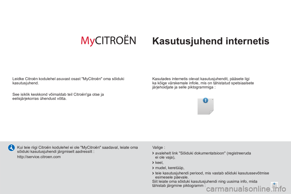 CITROEN DS5 HYBRID 2013  Kasutusjuhend (in Estonian)   Kasutusjuhend internetis
 
 
Kasutades internetis olevat kasutusjuhendit, pääsete ligi 
ka kõige värskemale infole, mis on tähistatud spetsiaalsete 
järjehoidjate ja selle piktogrammiga :  
  