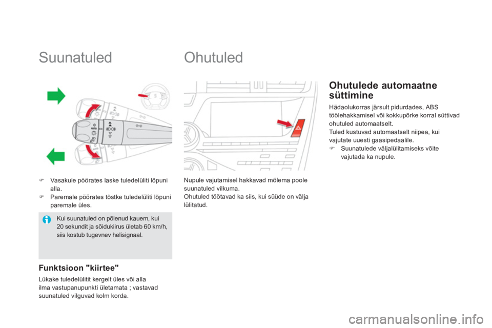 CITROEN DS5 HYBRID 2013  Kasutusjuhend (in Estonian)    
 
 
 
 
 
 
 
 
 
 
 
Suunatuled 
�)Vasakule pöörates laske tuledelüliti lõpunialla.�)Paremale pöörates tõstke tuledelüliti lõpuniparemale üles.
Funk t sioon "kiir tee"
Lükake tuledelü