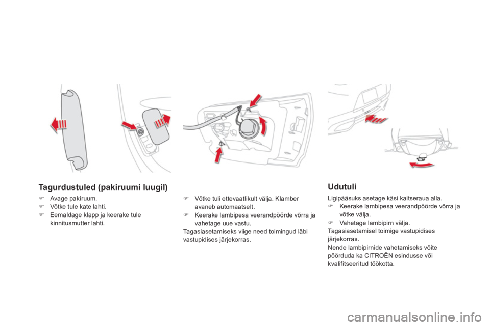 CITROEN DS5 HYBRID 2013  Kasutusjuhend (in Estonian) Tagurdustuled (pakiruumi luugil)
�)Avage pakiruum. �)Võtke tule kate lahti. �)Eemaldage klapp ja keerake tule kinnitusmutter lahti.
�)   Võtke tuli ettevaatlikult välja. Klamber avaneb automaatselt
