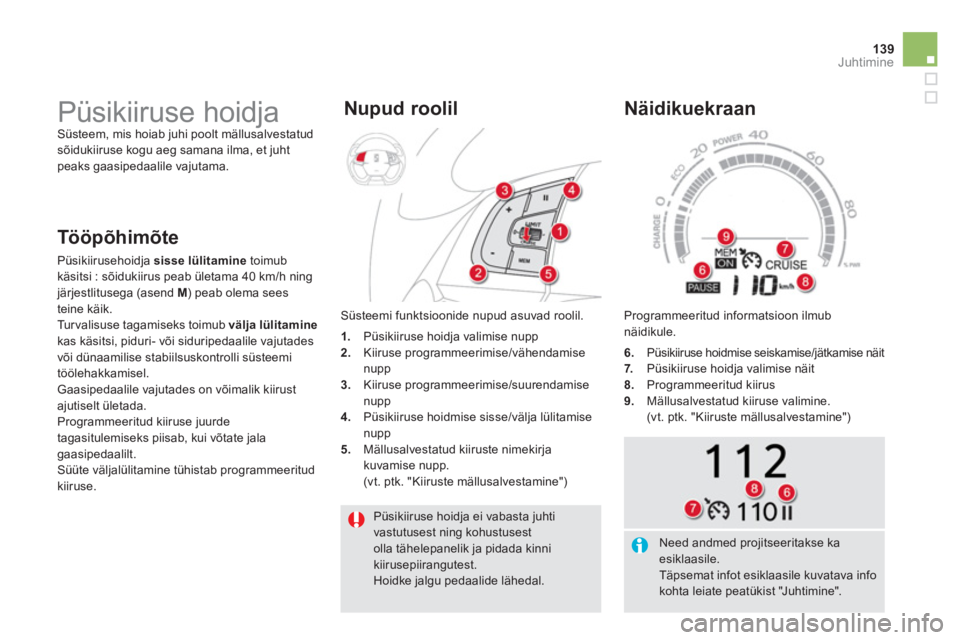 CITROEN DS5 HYBRID 2012  Kasutusjuhend (in Estonian) 139Juhtimine
  Püsikiiruse hoidja ei vabasta juhti vastutusest ning kohustusestolla tähelepanelik ja pidada kinni kiirusepiirangutest.  
Hoidke jalgu pedaalide lähedal.
 
 
 
 
 
 
Püsikiiruse hoi