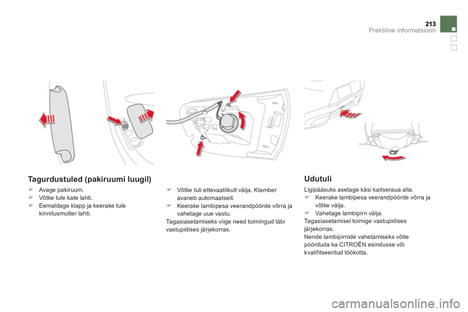 CITROEN DS5 HYBRID 2012  Kasutusjuhend (in Estonian) Praktiline informatsioon
   
Tagurdustuled (pakiruumi luugil)
�)Avage pakiruum. �)Võtke tule kate lahti.�)Eemaldage klapp ja keerake tulekinnitusmutter lahti.
�) 
 Võtke tuli ettevaatlikult välja. 