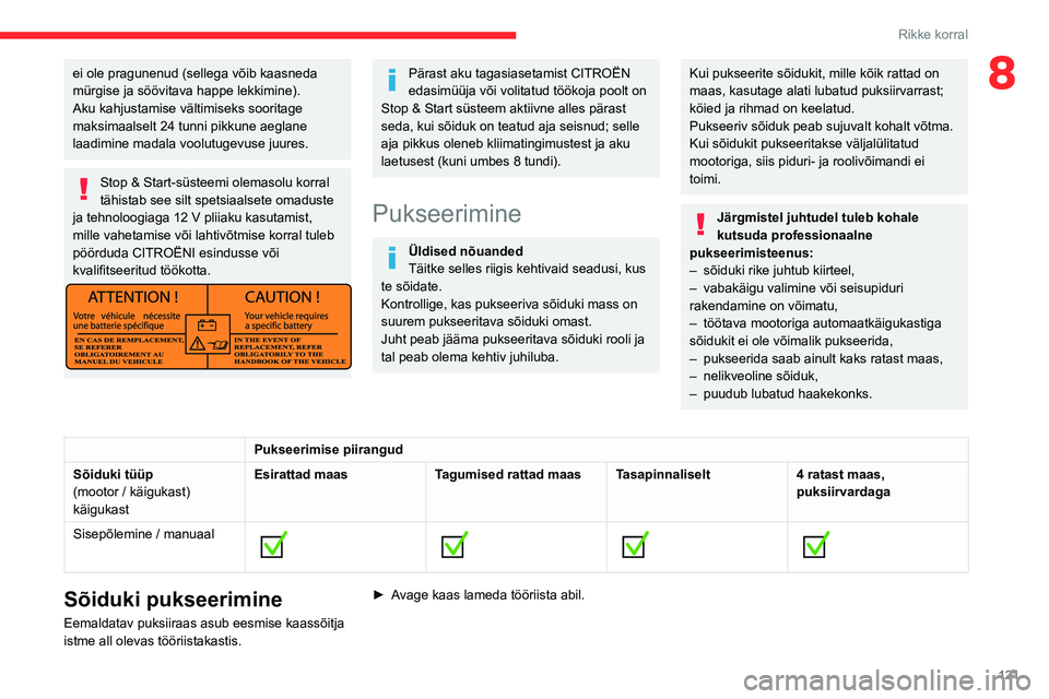 CITROEN JUMPER 2020 Kasutusjuhend (in Estonian) 121
Rikke korral
8ei ole pragunenud (sellega võib kaasneda mürgise ja söövitava happe lekkimine).Aku kahjustamise vältimiseks sooritage maksimaalselt 24 tunni pikkune aeglane laadimine madala voo CITROEN JUMPER 2020 Kasutusjuhend (in Estonian) 121
Rikke korral
8ei ole pragunenud (sellega võib kaasneda mürgise ja söövitava happe lekkimine).Aku kahjustamise vältimiseks sooritage maksimaalselt 24 tunni pikkune aeglane laadimine madala voo