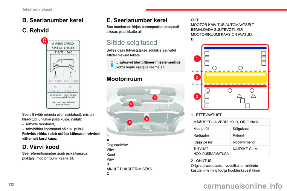 CITROEN JUMPER 2020 Kasutusjuhend (in Estonian) 132
Tehnilised näitajad
B. Seerianumber kerel
C. Rehvid
See silt (võib erineda pildil näidatust), mis on kleebitud juhiukse posti külge, näitab:– rehvide mõõtmed,– rehvirõhku koormatud CITROEN JUMPER 2020 Kasutusjuhend (in Estonian) 132
Tehnilised näitajad
B. Seerianumber kerel
C. Rehvid
See silt (võib erineda pildil näidatust), mis on kleebitud juhiukse posti külge, näitab:– rehvide mõõtmed,– rehvirõhku koormatud