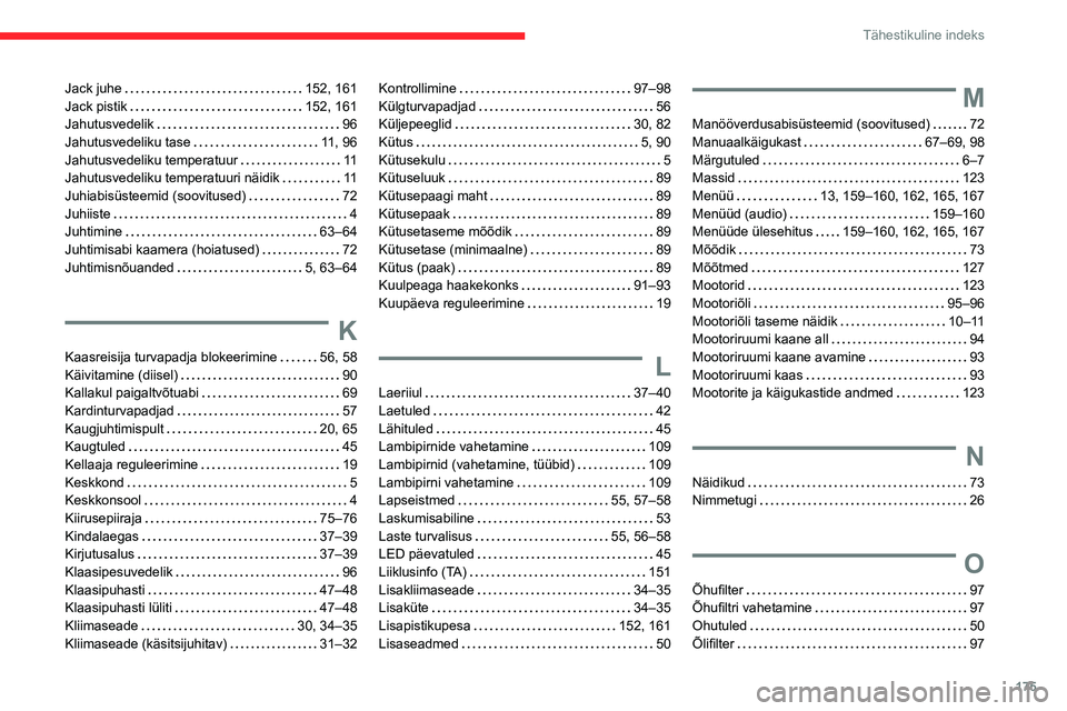 CITROEN JUMPER 2020  Kasutusjuhend (in Estonian) 175
Tähestikuline indeks
Jack juhe   152, 161Jack pistik   152, 161Jahutusvedelik   96Jahutusvedeliku tase   11, 96Jahutusvedeliku temperatuur   11Jahutusvedeliku temperatuuri näidik   11Juhiabisüs
