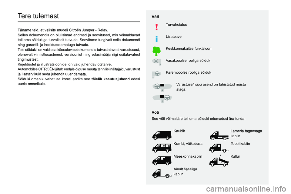 CITROEN JUMPER 2020 Kasutusjuhend (in Estonian)
Tere tulemast
Täname teid, et valisite mudeli Citro CITROEN JUMPER 2020 Kasutusjuhend (in Estonian)
Tere tulemast
Täname teid, et valisite mudeli Citro