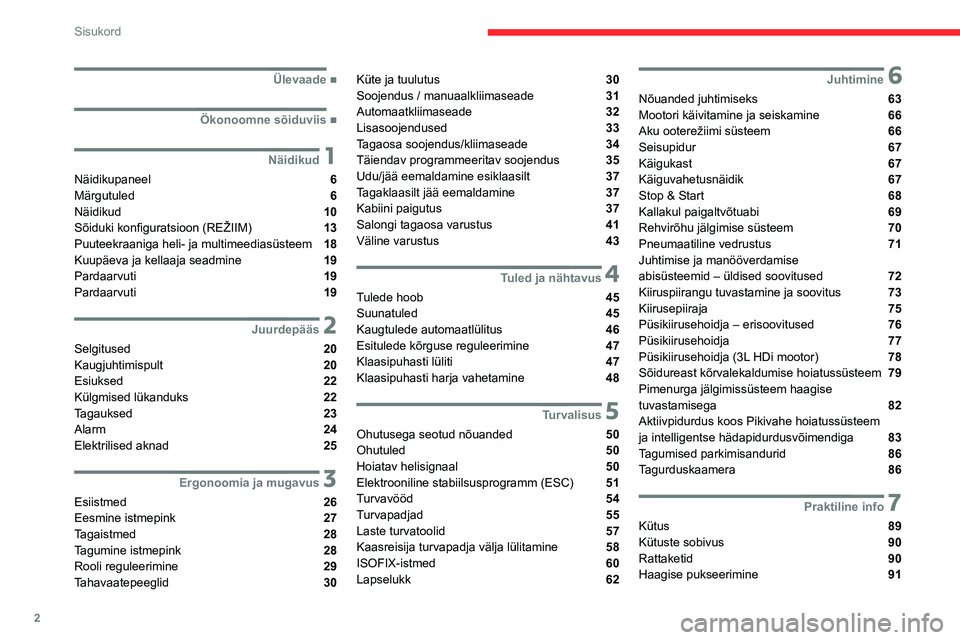 CITROEN JUMPER 2020  Kasutusjuhend (in Estonian) 2
Sisukord
  
  
  
  ■Ülevaade
  ■Ökonoomne sõiduviis
 1Näidikud
Näidikupaneel  6Märgutuled  6Näidikud  10
Sõiduki konfiguratsioon (REŽIIM)  13Puuteekraaniga heli- ja multimeediasüs