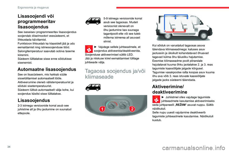 CITROEN JUMPER 2020  Kasutusjuhend (in Estonian) 34
Ergonoomia ja mugavus
Lisasoojendi või 
programmeeritav 
lisasoojendus
See iseseisev programmeeritav lisasoojendus soojendab diiselmootori veesüsteemi, et lihtsustada käivitamist.Funktsioon liht