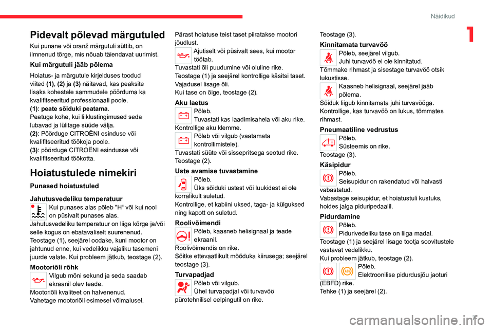 CITROEN JUMPER 2020  Kasutusjuhend (in Estonian) 7
Näidikud
1Pidevalt põlevad märgutuled
Kui punane või oranž märgutuli süttib, on ilmnenud tõrge, mis nõuab täiendavat uurimist.
Kui märgutuli jääb põlema
Hoiatus- ja märgutule kirjeldu