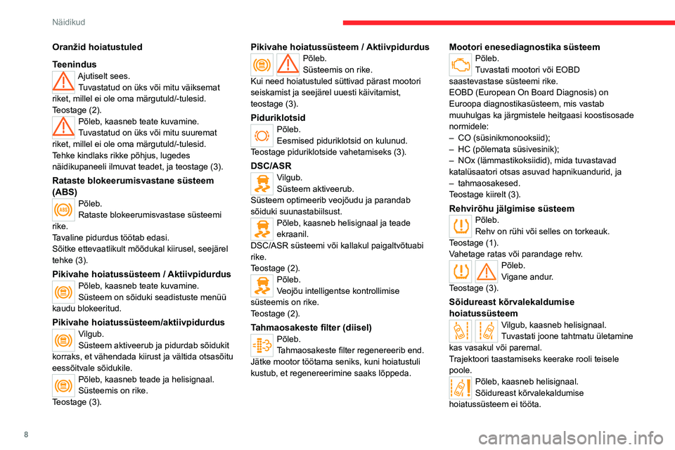 CITROEN JUMPER 2020  Kasutusjuhend (in Estonian) 8
Näidikud
Oranžid hoiatustuled
TeenindusAjutiselt sees.Tuvastatud on üks või mitu väiksemat riket, millel ei ole oma märgutuld/-tulesid.Teostage (2).Põleb, kaasneb teate kuvamine.Tuvastatud on