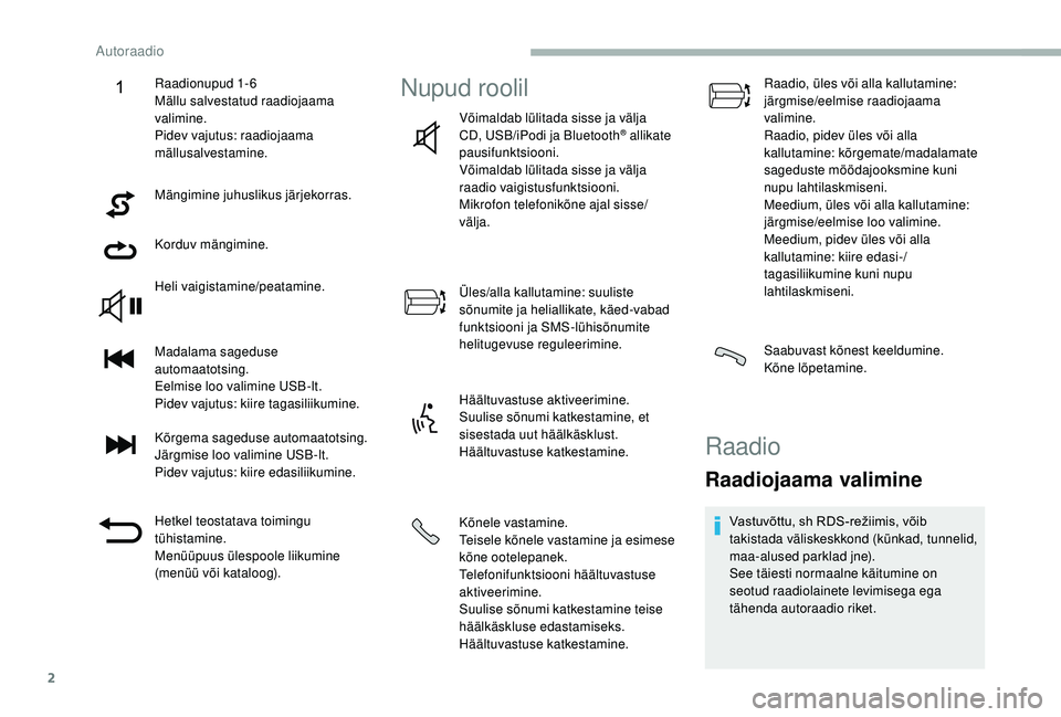 CITROEN JUMPER 2019 Kasutusjuhend (in Estonian) 2
Mängimine juhuslikus järjekorras.
Korduv mängimine.
Heli vaigistamine/peatamine.
Madalama sageduse
automaatotsing.
Eelmise loo valimine USB-lt.
Pidev vajutus: kiire tagasiliikumine.
Kõrgema sag CITROEN JUMPER 2019 Kasutusjuhend (in Estonian) 2
Mängimine juhuslikus järjekorras.
Korduv mängimine.
Heli vaigistamine/peatamine.
Madalama sageduse
automaatotsing.
Eelmise loo valimine USB-lt.
Pidev vajutus: kiire tagasiliikumine.
Kõrgema sag