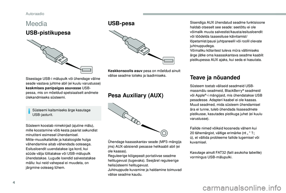 CITROEN JUMPER 2019 Kasutusjuhend (in Estonian) 4
Meedia
USB-pistikupesa
Sisestage USB-i mälupulk või ühendage väline
seade vastava juhtme abil (ei kuulu varustusse)
keskmises panipaigas asuvasse USB-
pessa, mis on mõeldud spetsiaalselt andm CITROEN JUMPER 2019 Kasutusjuhend (in Estonian) 4
Meedia
USB-pistikupesa
Sisestage USB-i mälupulk või ühendage väline
seade vastava juhtme abil (ei kuulu varustusse)
keskmises panipaigas asuvasse USB-
pessa, mis on mõeldud spetsiaalselt andm