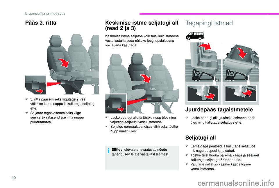CITROEN JUMPER 2019  Kasutusjuhend (in Estonian) 40
Pääs 3. rittaKeskmise istme seljatugi all 
(read 2
  ja 3)
Keskmise istme seljatoe võib täielikult istmeosa 
vastu lasta ja seda näiteks joogitopsialusena 
või lauana kasutada.
Siltidel  olev