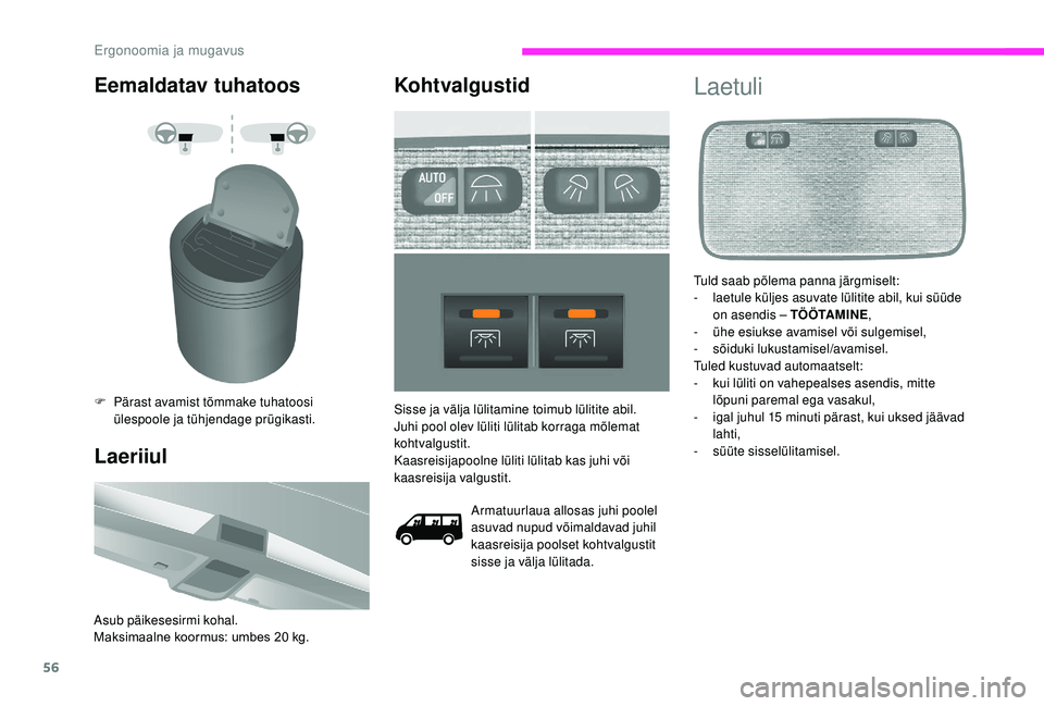 CITROEN JUMPER 2019 Kasutusjuhend (in Estonian) 56
Eemaldatav tuhatoos
F Pärast avamist tõmmake tuhatoosi ülespoole ja tühjendage prügikasti.
Laeriiul
Asub päikesesirmi kohal.
Maksimaalne koormus: umbes 20 kg.
Kohtvalgustid
Armatuurlaua all CITROEN JUMPER 2019 Kasutusjuhend (in Estonian) 56
Eemaldatav tuhatoos
F Pärast avamist tõmmake tuhatoosi ülespoole ja tühjendage prügikasti.
Laeriiul
Asub päikesesirmi kohal.
Maksimaalne koormus: umbes 20 kg.
Kohtvalgustid
Armatuurlaua all