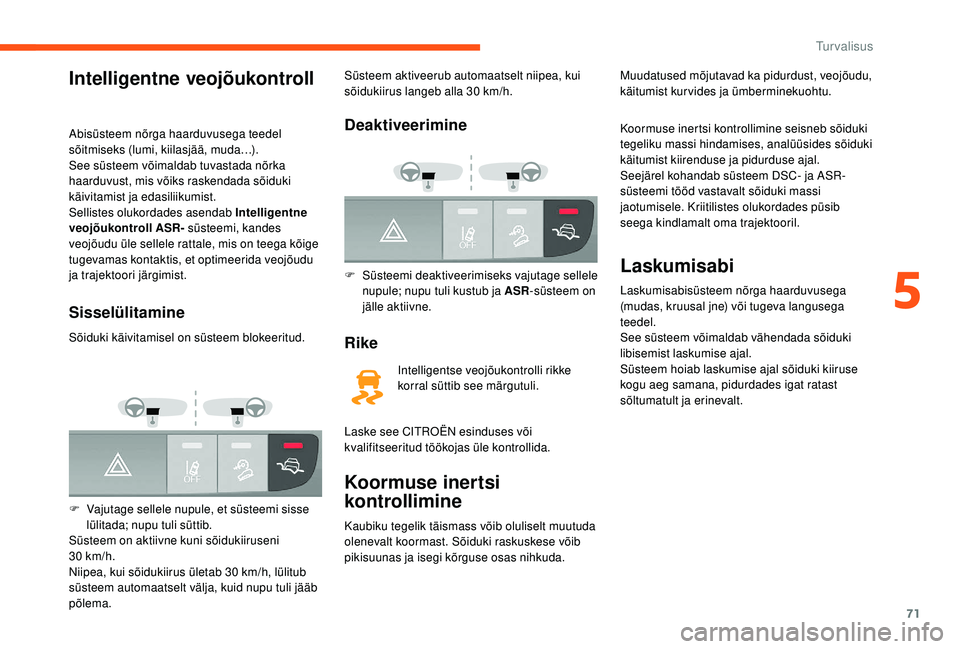 CITROEN JUMPER 2019 Kasutusjuhend (in Estonian) 71
Intelligentne veojõukontroll
Abisüsteem nõrga haarduvusega teedel
sõitmiseks (lumi, kiilasjää, muda…).
See süsteem võimaldab tuvastada nõrka
haarduvust, mis võiks raskendada sõiduki CITROEN JUMPER 2019 Kasutusjuhend (in Estonian) 71
Intelligentne veojõukontroll
Abisüsteem nõrga haarduvusega teedel
sõitmiseks (lumi, kiilasjää, muda…).
See süsteem võimaldab tuvastada nõrka
haarduvust, mis võiks raskendada sõiduki