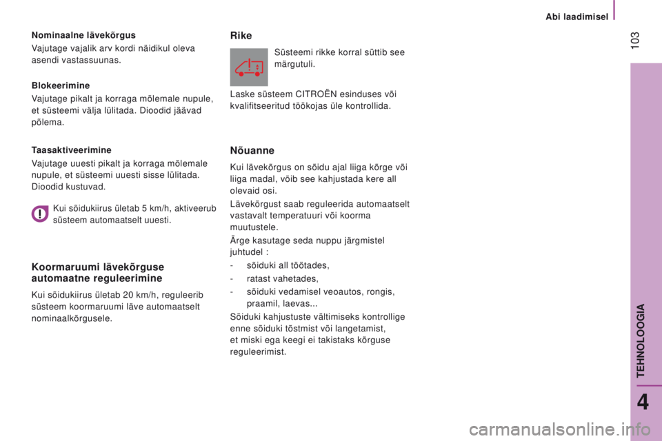 CITROEN JUMPER 2017  Kasutusjuhend (in Estonian)  103
Jumper_et_Chap04_Technologie-a-bord_ed01-2016
Blokeerimine
Vajutage pikalt ja korraga mõlemale nupule, 
et süsteemi välja lülitada. Dioodid jäävad 
põlema. Nominaalne lävekõrgus
Vajutage CITROEN JUMPER 2017  Kasutusjuhend (in Estonian)  103
Jumper_et_Chap04_Technologie-a-bord_ed01-2016
Blokeerimine
Vajutage pikalt ja korraga mõlemale nupule, 
et süsteemi välja lülitada. Dioodid jäävad 
põlema. Nominaalne lävekõrgus
Vajutage