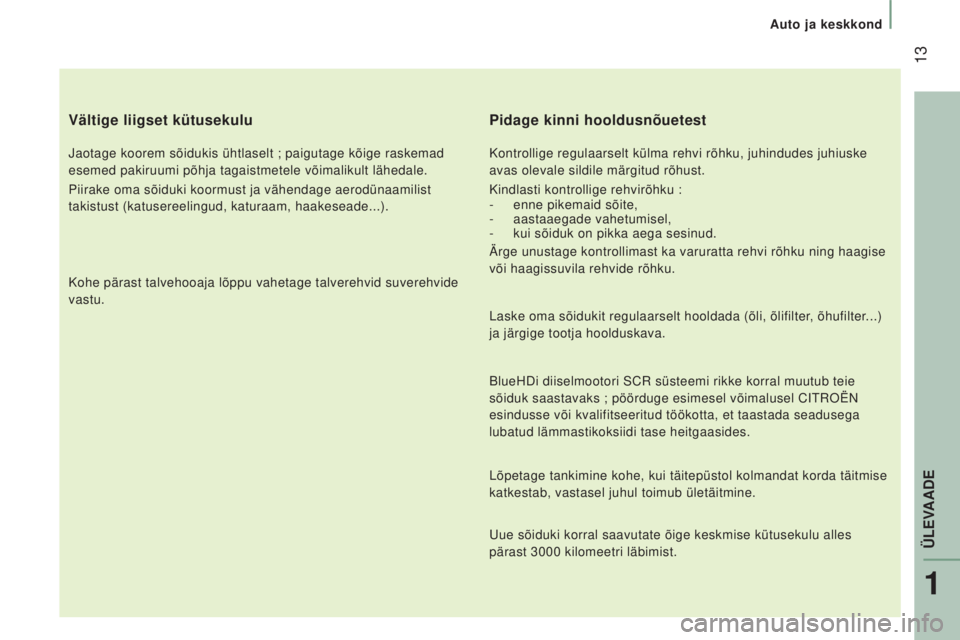 CITROEN JUMPER 2016  Kasutusjuhend (in Estonian)  13
jumper_et_Chap01_vue-ensemble_ed01-2015
Vältige liigset kütusekulu
Jaotage koorem sõidukis ühtlaselt ; paigutage kõige raskemad 
esemed pakiruumi põhja tagaistmetele võimalikult lähedale.
