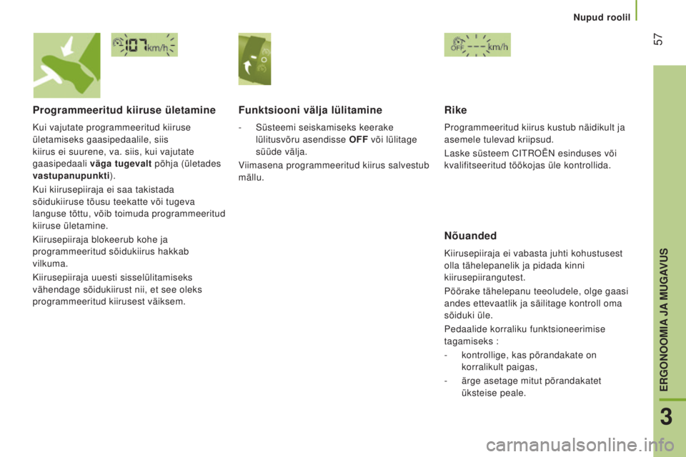 CITROEN JUMPER 2016  Kasutusjuhend (in Estonian)  57
jumper_et_Chap03_Ergo-et-confort_ed01-2015
Programmeeritud kiiruse ületamine
Kui vajutate programmeeritud kiiruse 
ületamiseks gaasipedaalile, siis 
kiirus ei suurene, va. siis, kui vajutate 
ga