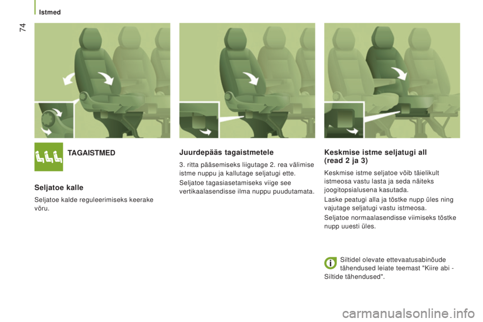 CITROEN JUMPER 2016 Kasutusjuhend (in Estonian) 74
jumper_et_Chap03_Ergo-et-confort_ed01-2015
TAGAISTMED
Seljatoe kalle
Seljatoe kalde reguleerimiseks keerake
võru.
Juurdepääs tagaistmetele
3. ritta pääsemiseks liigutage 2. rea välimise
is CITROEN JUMPER 2016 Kasutusjuhend (in Estonian) 74
jumper_et_Chap03_Ergo-et-confort_ed01-2015
TAGAISTMED
Seljatoe kalle
Seljatoe kalde reguleerimiseks keerake
võru.
Juurdepääs tagaistmetele
3. ritta pääsemiseks liigutage 2. rea välimise
is