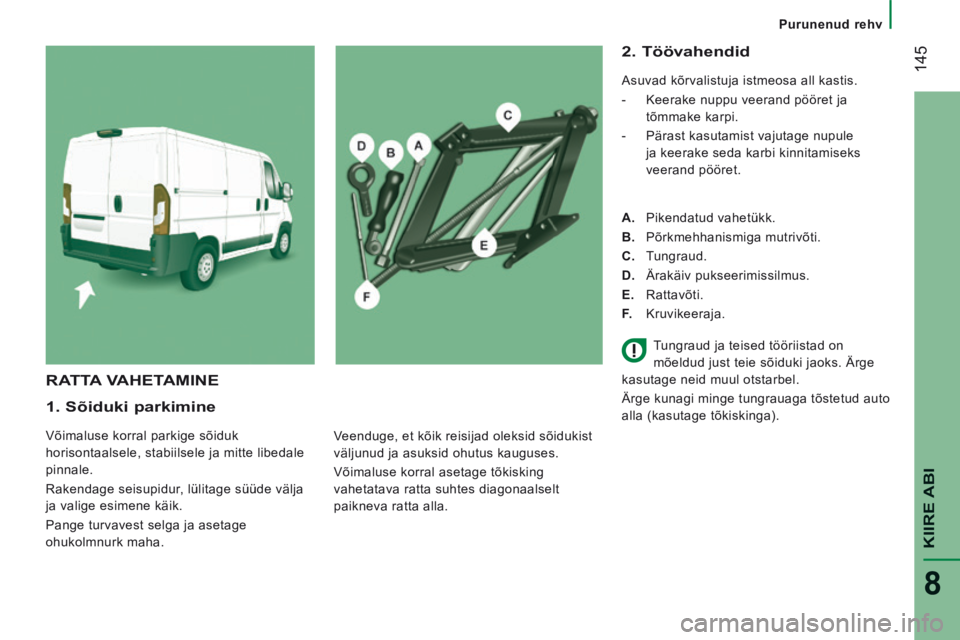 CITROEN JUMPER 2015 Kasutusjuhend (in Estonian) Purunenud rehv
145
KIIRE ABI
8
JUMPER-PAPIER_ET_CHAP08_AIDE RAPIDE_ED01-2014
1. Sõiduki parkimine
Võimaluse korral parkige sõiduk
horisontaalsele, stabiilsele ja mitte libedale
pinn CITROEN JUMPER 2015 Kasutusjuhend (in Estonian) Purunenud rehv
145
KIIRE ABI
8
JUMPER-PAPIER_ET_CHAP08_AIDE RAPIDE_ED01-2014
1. Sõiduki parkimine
Võimaluse korral parkige sõiduk
horisontaalsele, stabiilsele ja mitte libedale
pinn