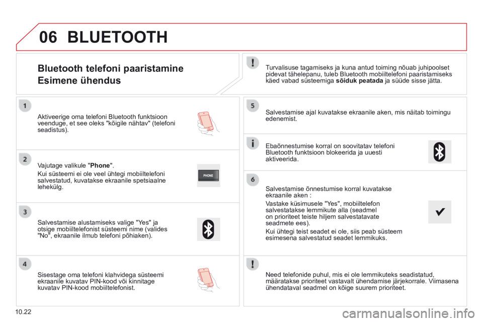 CITROEN JUMPER 2015  Kasutusjuhend (in Estonian) 06
10.22
            Bluetooth  telefoni  paaristamine  
Esimene ühendus 
  Turvalisuse tagamiseks ja kuna antud toiming nõuab juhipoolset pidevat tähelepanu, tuleb Bluetooth mobiiltelefoni paarist