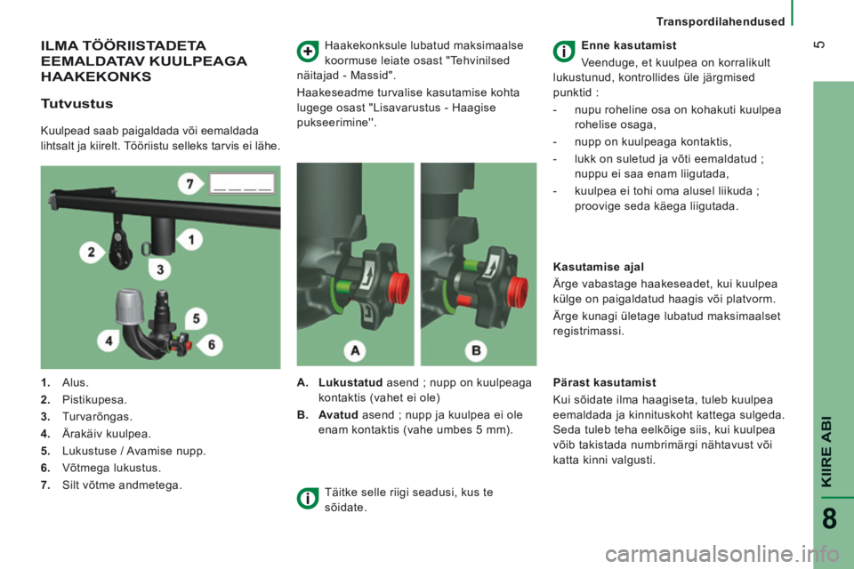 CITROEN JUMPER 2015  Kasutusjuhend (in Estonian)  5
KIIRE ABI
8
   Transpordilahendused   
 ILMA  TÖÖRIISTADETA 
EEMALDATAV KUULPEAGA 
HAAKEKONKS 
  Tutvustus 
  Kuulpead saab paigaldada või eemaldada 
lihtsalt ja kiirelt. Tööriistu selleks tar