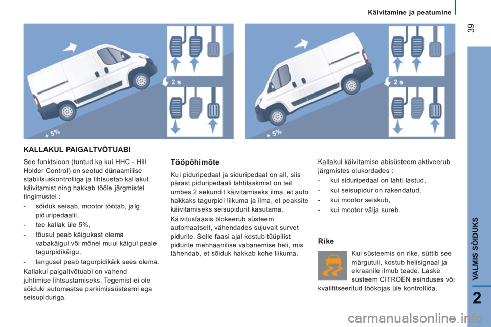 CITROEN JUMPER 2015  Kasutusjuhend (in Estonian)    Käivitamine  ja  peatumine   
39
2
VALMIS SÕIDUKS
JUMPER-PAPIER_ET_CHAP02_PRET A  PARTIR_ED01-2014
 KALLAKUL  PAIGALTVÕTUABI 
 See funktsioon (tuntud ka kui HHC - Hill 
Holder Control) on seotud