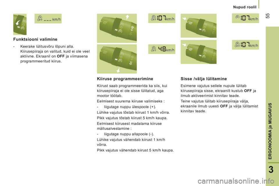 CITROEN JUMPER 2015  Kasutusjuhend (in Estonian) 55
3
ERGONOOMIA 
ja MUGAVUS
   Nupud  roolil   
JUMPER-PAPIER_ET_CHAP03_ERGO ET CONFORT_ED01-2014
  Funktsiooni  valimine 
   -   Keerake  lülitusvõru  lõpuni  alla. Kiirusepiiraja on valitud, kuid