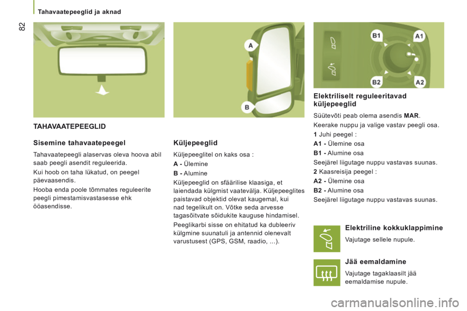 CITROEN JUMPER 2015 Kasutusjuhend (in Estonian) Tahavaatepeeglid ja aknad
82
JUMPER-PAPIER_ET_CHAP03_ERGO ET CONFORT_ED01-2014
TAHAVAATEPEEGLID
Küljepeeglid
Küljepeeglitel on kaks osa :
A - Ülemine
B - Alumine
Küljepee CITROEN JUMPER 2015 Kasutusjuhend (in Estonian) Tahavaatepeeglid ja aknad
82
JUMPER-PAPIER_ET_CHAP03_ERGO ET CONFORT_ED01-2014
TAHAVAATEPEEGLID
Küljepeeglid
Küljepeeglitel on kaks osa :
A - Ülemine
B - Alumine
Küljepee